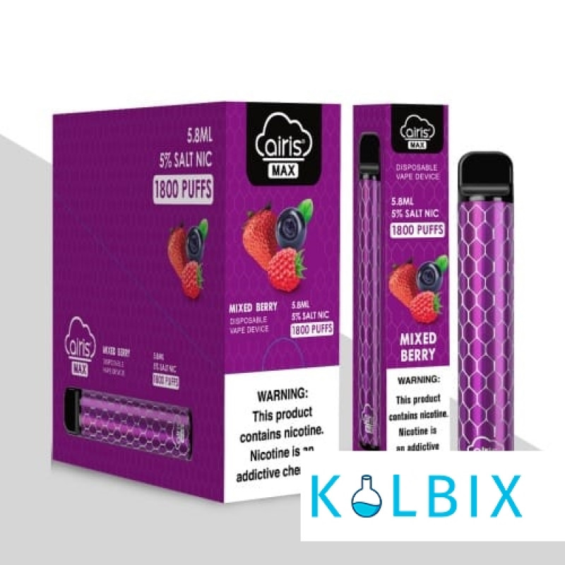 ОДНОРАЗОВАЯ POD СИСТЕМА AIRIS MAX DISPOSABLE DEVICE 950MAH НА 1800 ЗАТЯЖЕК СО ВКУСОМ ЕЖЕВИКИ, ЧЕРНИКИ И КЛУБНИКИ С ХОЛОДКОМ